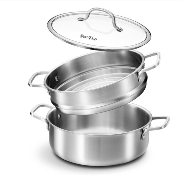 5QT Stainless Steel 2-tier Steam Pot CookwareVegetable Steaming Basket